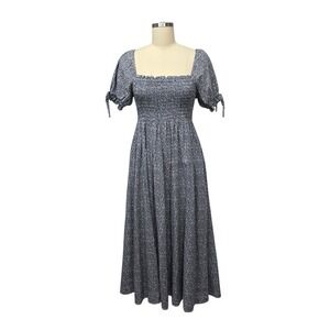 Rylee + Cru Navy Floral Smocked Square Neck Puff Sleeve Midi Dress XS